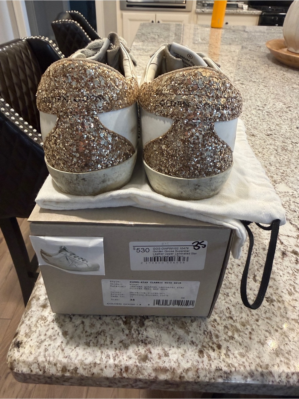 Golden Goose White Leather Sneakers with Silver Star and Gold Glitter Heel - Picture 2 of 5